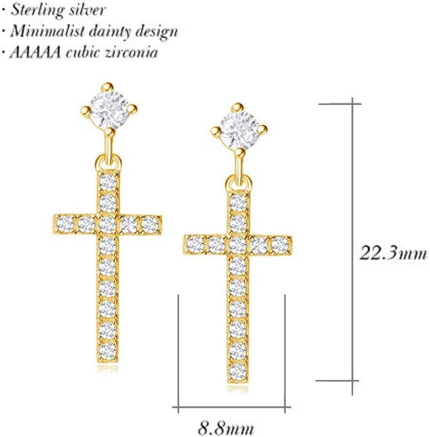 Carleen 14K Gold Plated Sterling Silver Stud Earrings Cubic Zirconia CZ Simulated Diamond Small Little Cute Dangle Drop Cross Earrings Fine Jewelry Birthday Gifts for Women Girls, Height 0.9 Inch - Image 3