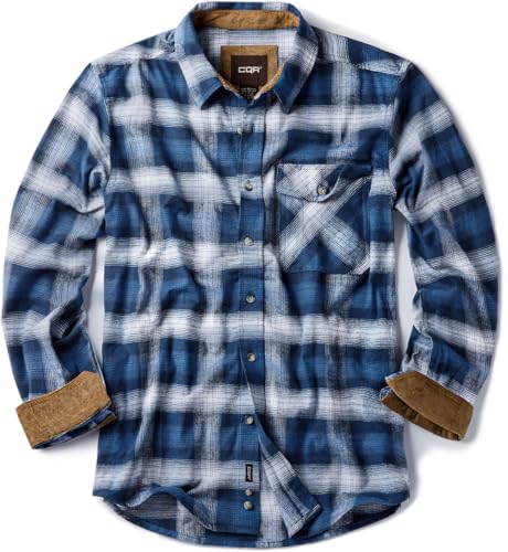 CQR Men's 100% All Cotton Button Down Flannel Shirts, Long Sleeve Brushed Warm Soft Casual Outdoor Plaid Shirt, Plaid Deep Ocean, Large