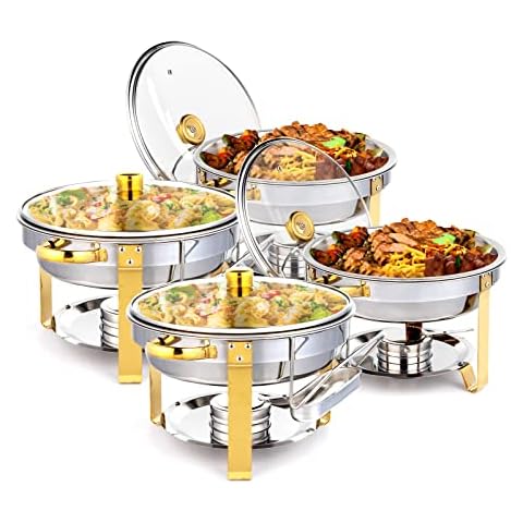 ROVSUN 5QT 4 Packs Chafing Dish Buffet Set Gold Accent, NSF Round Stainless Steel Buffet Warmer Chafers and Buffet Warmers Sets with Glass Lid & Lid Holder for Catering Events Parties Weddings Dinners Cover
