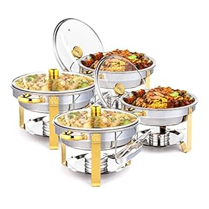 ROVSUN 5QT 4 Packs Chafing Dish Buffet Set Gold Accent, NSF Round Stainless Steel Buffet Warmer Chafers and Buffet Warmers Sets with Glass Lid & Lid Holder for Catering Events Parties Weddings Dinners