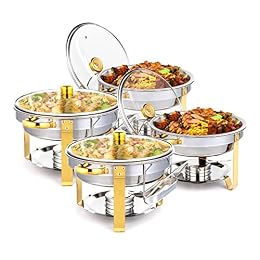 ROVSUN 5QT 4 Packs Chafing Dish Buffet Set Gold Accent, Round Stainless Steel Buffet Warmer Chafers and Warmers Sets with Glass Lid & Lid Holder for Catering Events Parties Weddings Dinners