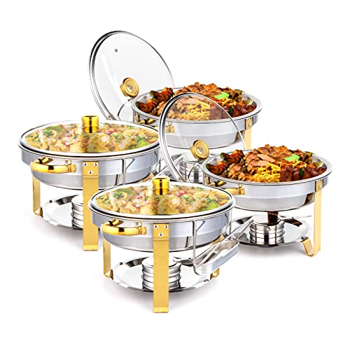 ROVSUN 5QT 4 Packs Chafing Dish Buffet Set Gold Accent, NSF Round Stainless Steel Buffet Warmer Chafers and Warmers Sets with Glass Lid & Lid Holder for Catering Events Parties Weddings Dinners by ROVSUN - Used condition - US$102.49