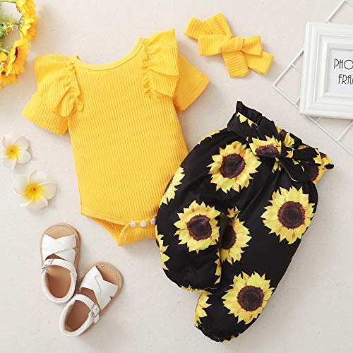 Veikimous Infant Baby Girl Clothes Short Sleeve Bodysuit Newborn Baby Girl Sunflower Outfits Ruffle Romper Long Floral Pants Cute Baby Clothes Girl Yellow 3-6 Months #TOP5
