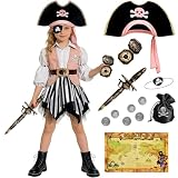 TinkerPlay Deguisement Pirate Enfant Filles avec Chapeau de Pirate, Accessoires, Robe de Pirate, Bandeau, Boussole, Épée, Costume de Carnaval, Mardi Gras, Halloween (120 cm (5 6 ans))