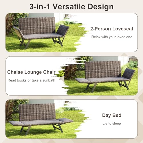 COSTWAY Garden Sofa Bed, Convertible Rattan Daybed Patio Chaise Lounge Chair with Adjustable Armrests, Quick Dry Foam Padded Outdoor Loveseat Wicker Sunbed Lounger Couch for Balcony, Yard and Porch 4 COSTWAY Garden Sofa Bed, Convertible Rattan Daybed Patio Chaise Lounge Chair with Adjustable Armrests, Quick Dry Foam Padded Outdoor Loveseat Wicker Sunbed Lounger Couch for Balcony, Yard and Porch - Image 4