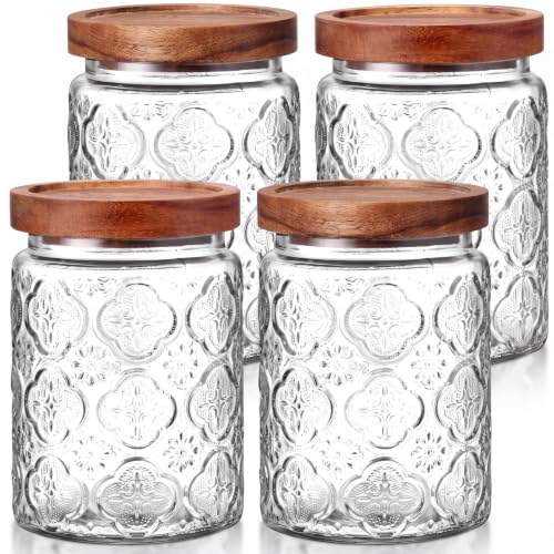 LemonRoad 4 Pcs Decorative Embossed Clear Glass Jars 23.7 oz with Wood Lids