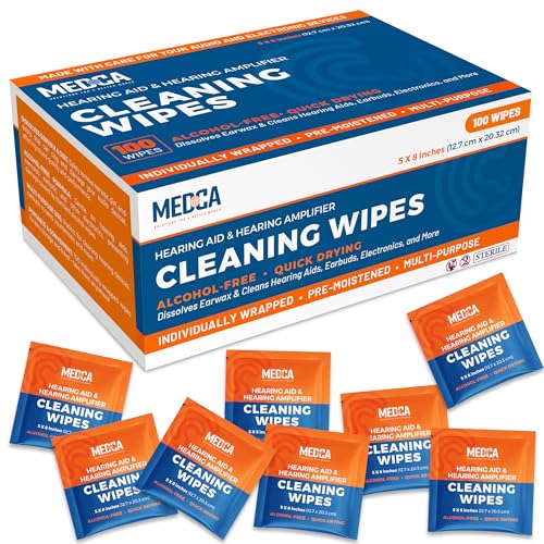 Hearing Aid Cleaning Wipes - 100 Individually Wrapped Pre-Moistened Alcohol-Free Wipes for Hearing Aids, Amplifiers, Earbuds, Audio & Electronics - Portable, Quick-Drying, Gentle, Daily Use & Travel