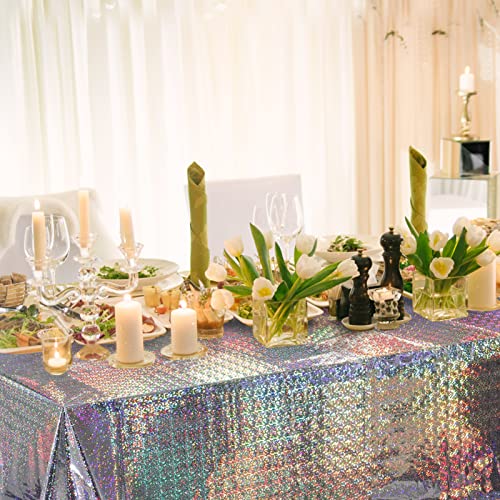 Image of FunnyPars 8 Pack Iridescent Plastic Tablecloths Shiny Disposable Laser Rectangle Table Covers Holographic Foil Tablecloth Iridescent Party Decoration