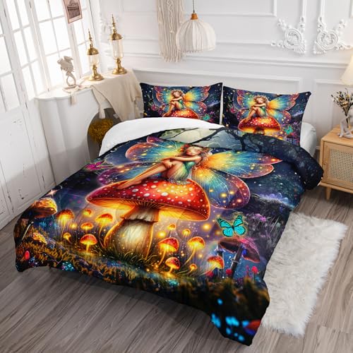 Image of AILONEN Beautiful Fairy Comforter Set Full Size, Butterfly Mushroom Fairy Bedding Set for Kids,Girls,Forest Spirit Duvet Set,3-Pieces, 1 Quilt and 2 Pillowcases,All Season,Soft