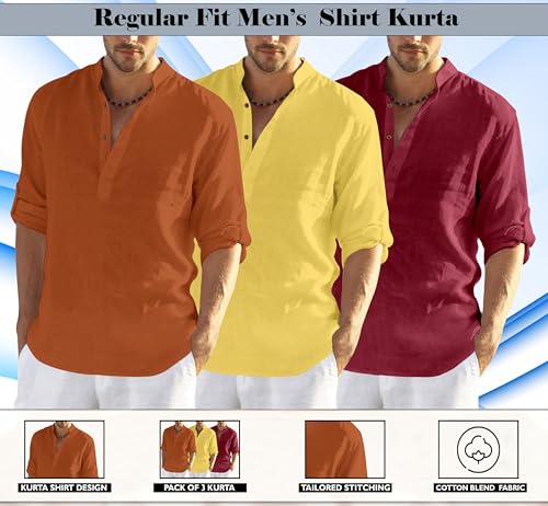 Image of Zombom Combo of Men's Solid Cotton Polyester Blend Full Sleeve Mandarin /Chinese Collor Straight Kurta Shirt (Pack of 3)