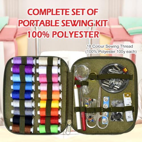 Image of Sewing Kit with Case Portable Sewing Supplies for Home Traveler, Adults, Beginner, Emergency, Contains 18 Sewing Thread, Scissors, Needles, Measure etc,Army Green