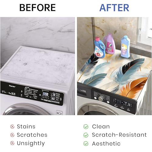 Image of Yellow Weaves Washer & Dryer Cover for Top, 60 x 60 cm, Washing Machine Top Protector Mat for Kitchen /Laundary Room, Water Absorbing, Dustproof, Scratch Resistant & Non-Slip (Feather Multi)