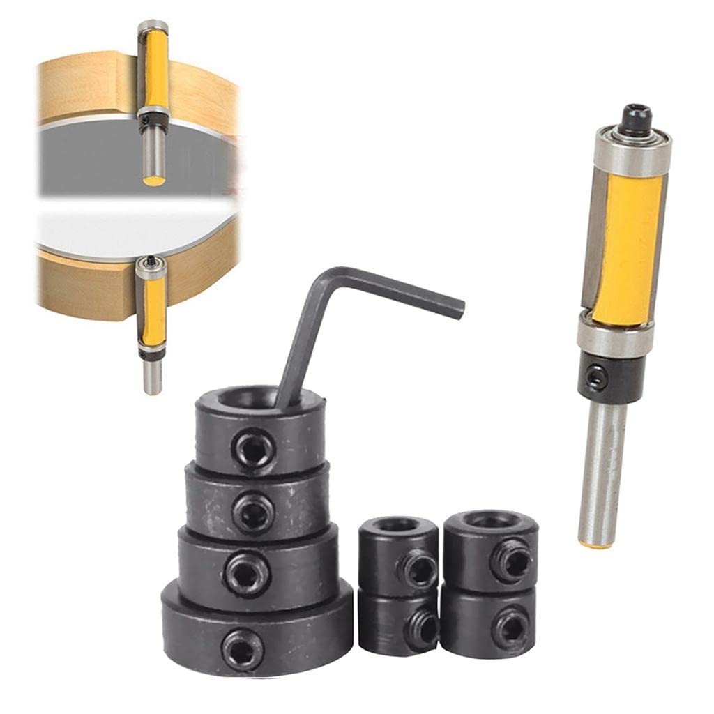 8X Drill Bit Shaft Chuck+Hex Wrench+Flush Trim Router Bit 1" Cutter Bearing