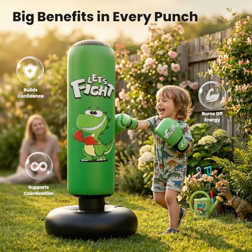 Boxsack für Kinder, 120 cm Dinosaurier-Boxsack mit Boxhandschuhen für 3–8 Jahre, Kinder-Boxset mit stabilem Standfuß zum Üben von Karate, Taekwondo – Geschenkidee für Jungen (Grün‌)