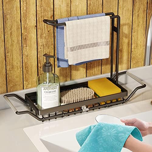 YunNasi Kitchen Sink Caddy Organizer Expandable Kitchen Sink Organiser with Hanging Rail for Dish Cloth Stainless Steel Sink Drainer Rack for Kitchen Sponge Holder (Small, Black)