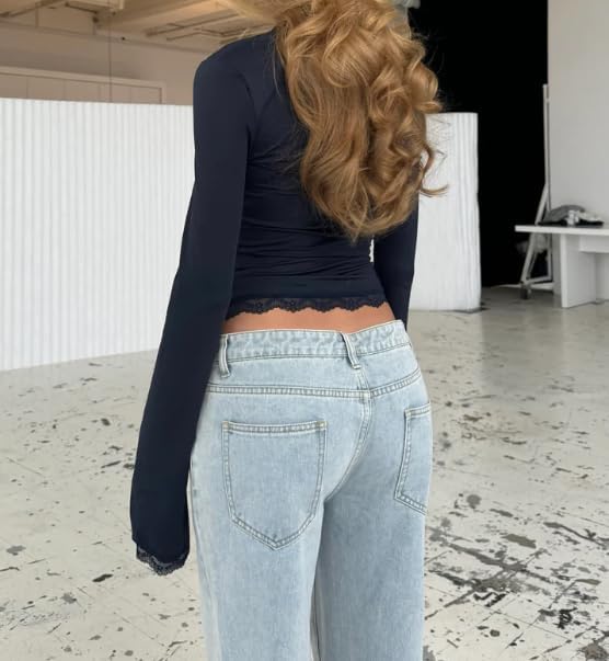 Women Square Neck Lace Long Sleeve Top Y2k Lace Trim Slim Fit Basic Blouse Casual Fall Going Out Trendy Shirts - Image 6