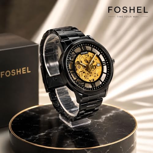 Image of Foshel Skeleton Mechanical Men's Watch, Black Stainless Steel Bracelet, 40MM Case, Analogue Display, Water Resistant