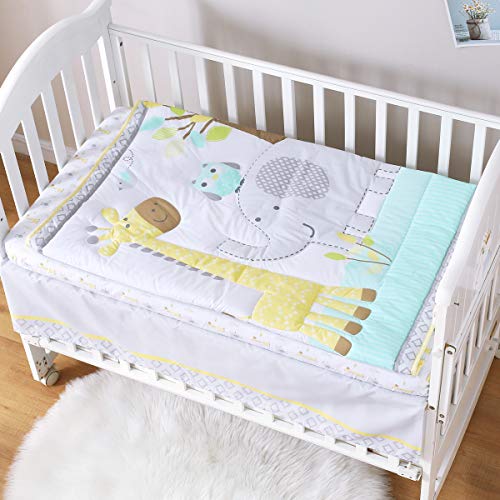 Springbaby Crib Bedding Set For Boy Girl, 3-Piece Cotton Baby Bedding Set, Portable Standard Crib Bedding Set Neutral, Woodland Deer Elephant Crib Bedding Set, Yellow/Grey/Teal #TOP4