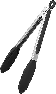 Tongs for Cooking, Heavy-Duty 9 inch Heat Resistant Kitchen Tong with Silicone Tips, Long Stainless Steel Handle & Rubber Coated, Perfect for Food, BBQ & Salad, Easy Storage, 1 Pack, Black