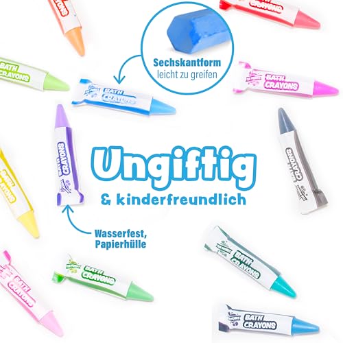 Tub Works® Badestifte Badespielzeug, 12 Stifte | Ungiftige, abwaschbare Badewannenstifte für Kleinkinder & Kinder | Malt klar auf nassen & trockenen Wannenwänden | Sechseck-Griff-Badewannenmalstifte