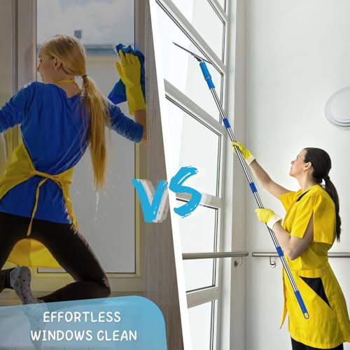 Image of Window Squeegee with Scrubber for Home and Outdoor Glasses Cleaning, 6 Ft Long Handle 2 in 1 Professional Window Washing Kit with Replacement Rubber Blade, Car Windshield Cleaner Tool