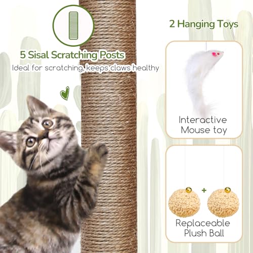 Image of Globlazer 52in Cactus Cat Tree Tower for Indoor Cats, 2 Condos, S52, Green | Multi-Level Plush House, 5 Sisal Scratching Posts, 2 Padded Top Perches, Big Metal Basket, Stable Enlarged Base