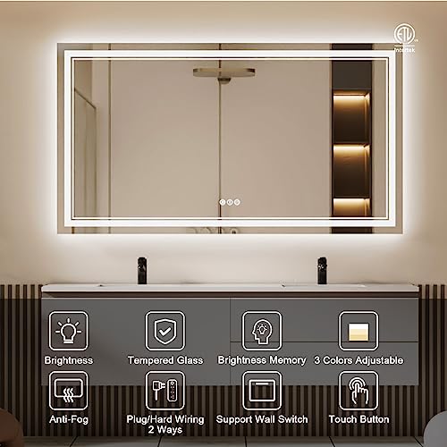 72x40 Inch LED Bathroom Mirror with Lights, Backlit and Front Lighted Bathroom Mirrors for Wall, Anti-Fog Dimmable Memory Shatterproof LED Vanity Mirror for Bathroom