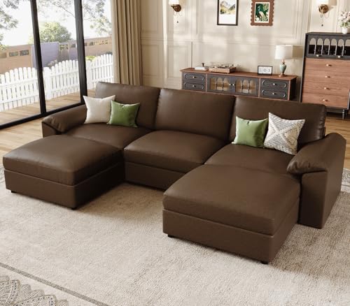 Image of EASE MOOSE Deep Seat Sectional Couch, Scratch Resistant Faux Leather Material, 5-Seat Oversized Modular Sofa for Living Room,U Shaped Classic Comfy Sofas for Living Room,Deep Brown