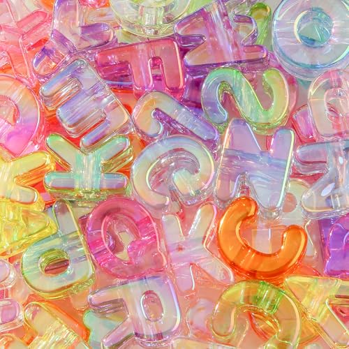 BERMRO 78Pcs Large Letter Beads Big Chunky Letter Bead A-Z Acrylic Alphabet Bubble Beads for Paracord Bead Bag Charm Keychains Crafts Education Leaning(ab Transparent Color)