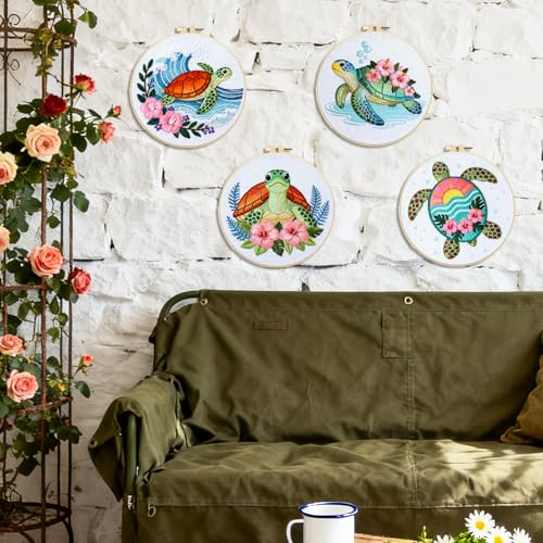 Image of BEUNITONE 4 Sets Sea Turtle Embroidery Kits for Beginners DIY Craft Kits for Adults with Printed Patterns, Hoops and Instructions, Hibiscus Flower Needlepoint Kits for Clothing and Home Decor