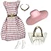 Eledoll Clothes Fashion Pack Springtime in Paris for 11.5 inch - 12 inch Fashion Doll Coral Pink Houndstooth 1 Dress Hat Gold Belt Purse Set #1