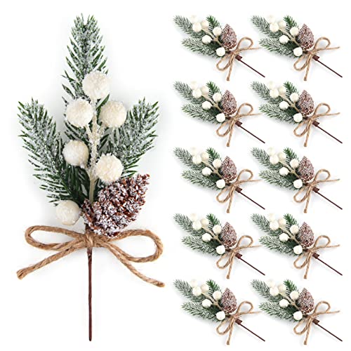 ELECLAND 10 Pcs Christmas Decorations Artificial Pine Branches Stems Spray With Pine Cones Faux Red Berry Holly Leaves for Craft Floral Wreath Ornaments, White