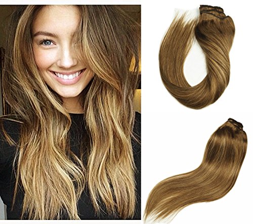 Stella Reina 120g 7pcs Full Set Clip In Hair Extension Subtle Ombre Balayage Blonde Highlights Sombre Color #4 To Piano #4/27 Copper Blonde Clip In Remy Human Hair Extension (20", #4/27/4)