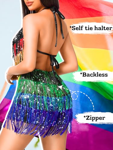 Image of Kaei&Shi Sequin Fringe Romper,Sparkly Glitter Metallic Jumpsuits For Women,Backless Shorts Dress Disco Birthday Dance Outfit