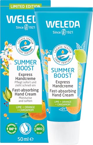 WELEDA Crema de manos Bio Summer Boost Express, edición limitada, cosmética natural, crema para el cuidado de manos con aceite de sésamo y cera de abejas. Loción de manos con aroma a lima, naranja y