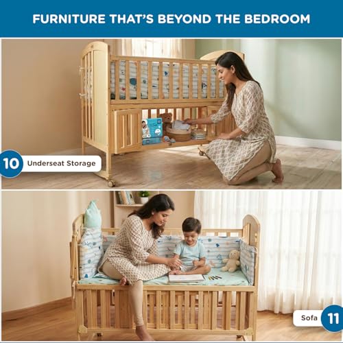 Image of Mee Mee.Dream Grow Baby Cot 15-in-1 Convertible Cradle Cum Cot | Solid New Zealand Pinewood | Bedside Co-Sleeper | 6-Level Height | Rocking Cradle |Toddler Bed |Kids Study Table | BIS & EN Certified