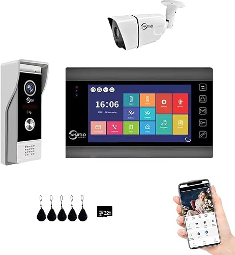 ANJIELO SMART Timbre de video de apartamento, monitor de pantalla táctil HD de 1080P (negro), cámara de timbre para exteriores, timbre de timbre con
