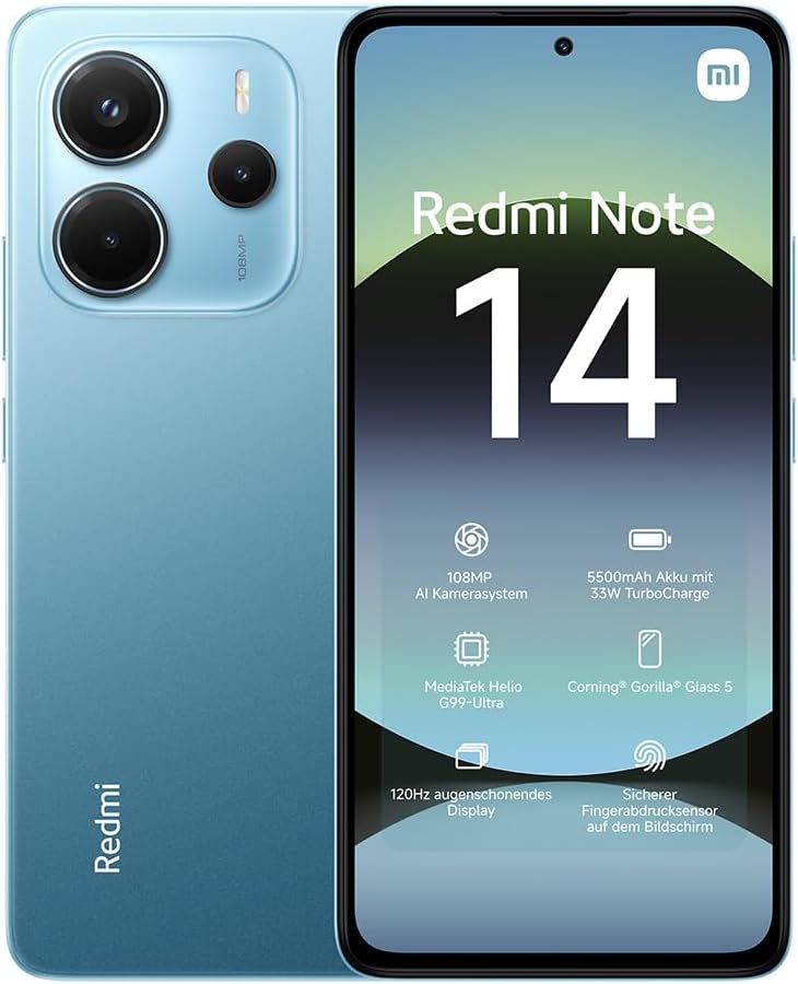 – Xiaomi Redmi Note 14 smartphone, 6+128GB, blue, 108MP AI camera system, 5500mAh battery, 120Hz eye-care display, AI features (no charger included), 2 year Warranty