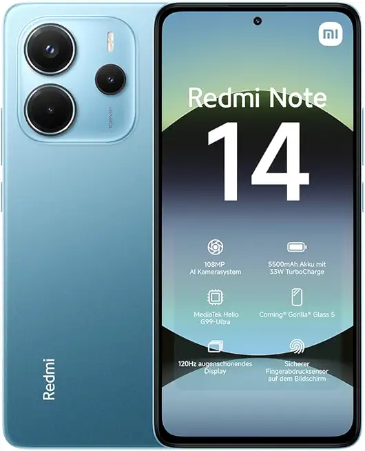 Xiaomi Redmi Note 14 Smartphone, 6 + 128GB, Blue, 108MP AI-Kamerasystem, 5500mAh Akku, 120Hz Augenschutzdisplay, AI-Funktionen (kein Ladegerät enthalten)