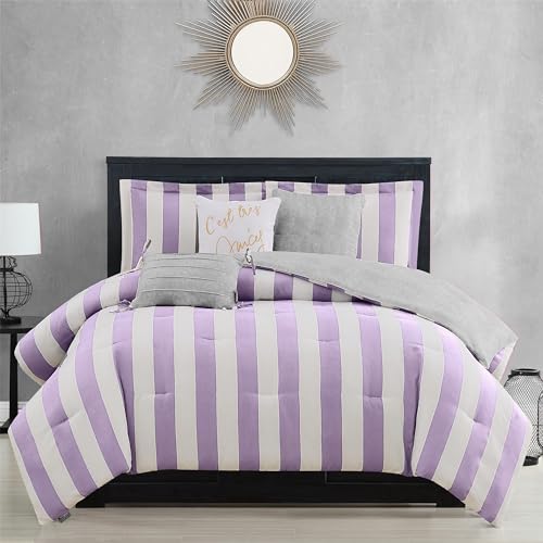 Image of Juicy Couture Cabana Stripe Reversible Bedding Set - Queen /Full Size - Lavender /White Stripe Print - 6 Piece Set - Includes 1 90 inch x 90 inch Comforter, 3 Decorative Pillows, 2 Shams