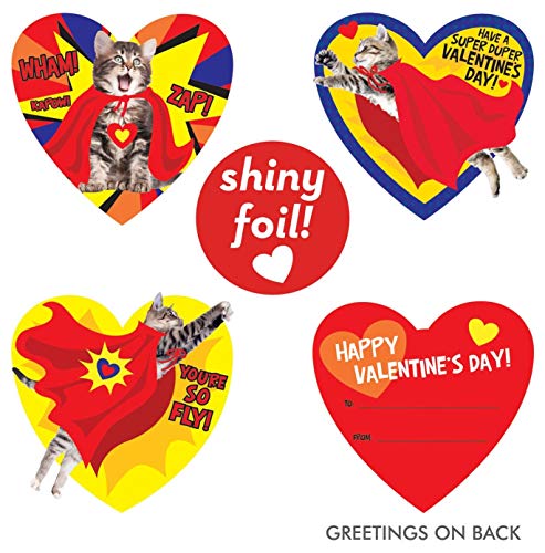 Playhouse Super Hero Kitty Shiny Foil 28 Card Valentine Exchange Box with Envelopes for Kids