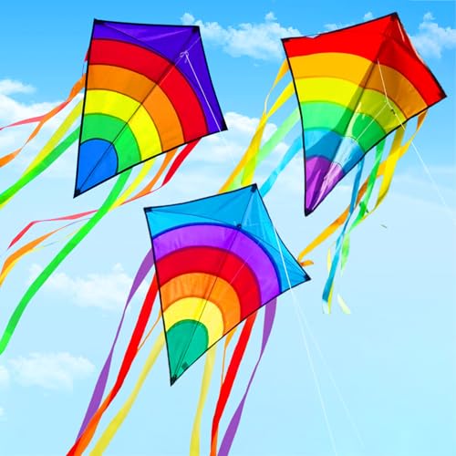 3PCS Kinder-Drachen,Einleiner Flugdrachen für Kinder ab 3 und Erwachsene,140 x75cm Bunt Delta Drachen Kinder,Einleiner-Drachen mit 100m Drachenschnur und 8x75cm Langen Buntem Schwänzen