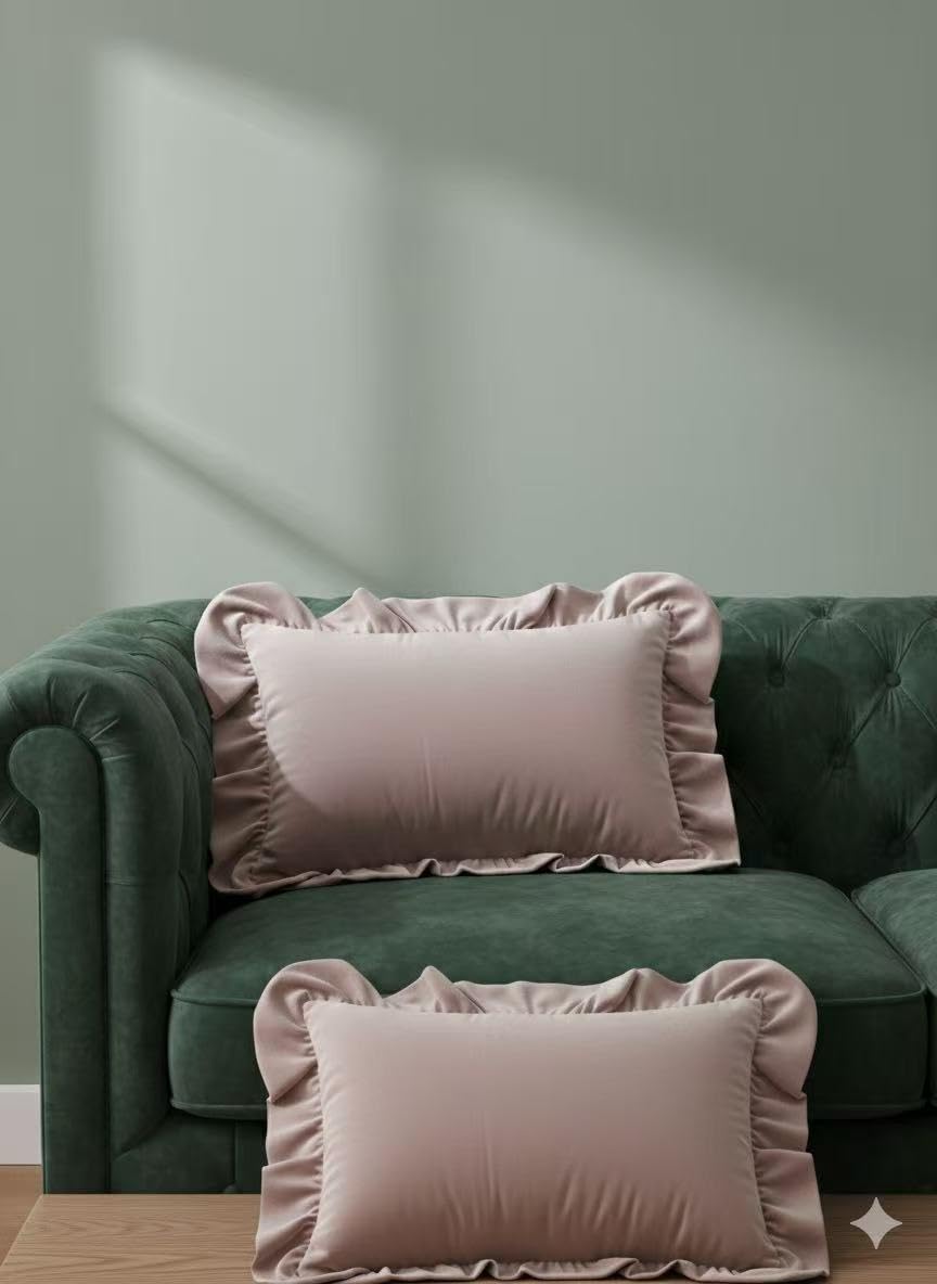 WPHOME , Blush Pink Velvet Ruffle Cushion Cover With Inserts INCLUDED. Decorative Throw Pillow, Bedroom and Sofa Accent (Pink Rectangler)