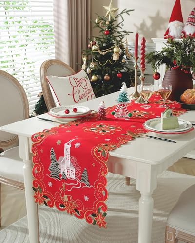Chemin de table de Noël brodé sapin 183 cm de long style traditionnel