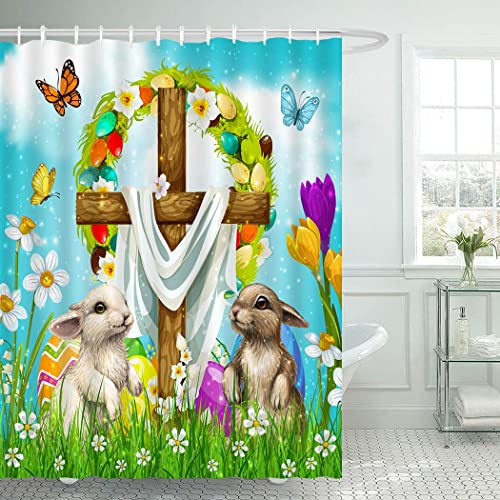Cyrekud 72" X 72" Easter Shower Curtain Whises He Is Risen The Cross On Spring Floral Easter Bathroom Set Easter Cute Bunny Home Bath Bathtub Decor Durable Fabric Machine Washable With 12 Hooks #TOP1