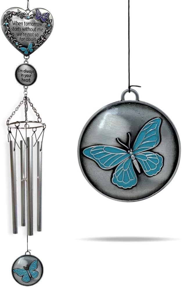 Memorial Windchimes Condolence - When Tomorrow Starts Without Me I'm Always in Your Heart Saying - Heart and Butterfly Design Garden Wind Chime - in Loving Memory Chimes - Sorry for Your Loss Gifts