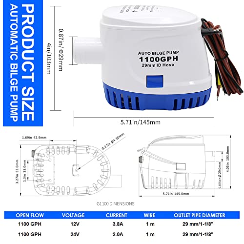 AIRTAK Automatic Bilge Pump 1100GPH 12V DC New Low Noise Electric Bilge Pump, for Boats, Yachts, Swimming Pools