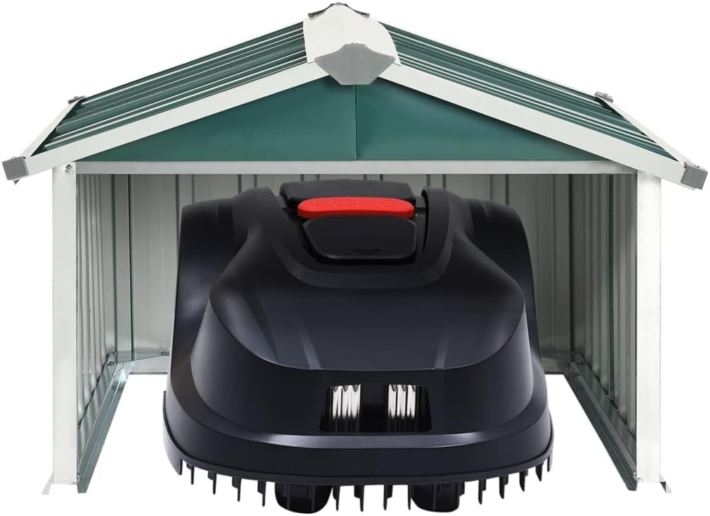 Robotic lawn mower parked inside the shelter