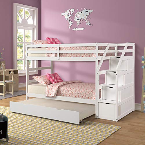 Trundle Bunk Beds, Rockjame Wood Twin Over Twin Bunk Bed Frame with Stairs, Storage and Safety Guard Rail (White)