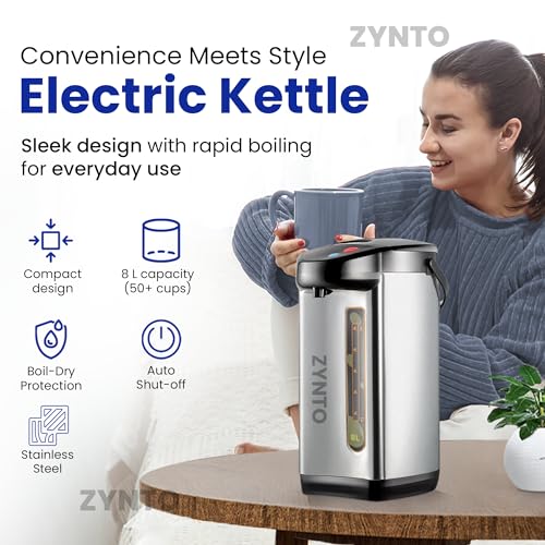 Image of ZYNTO Electric Water Kettle 8 Liter Kettle with Temperature Settings, Safety Lock, Stainless Steel, Automatic Shut-Off And Dry-Boil Protection, Rapid Heating For Tea, Coffee.